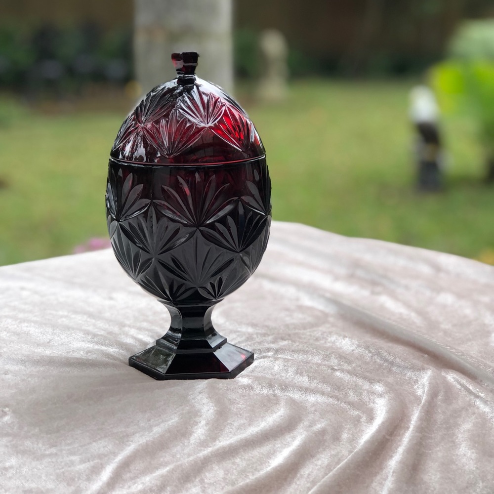 Vintage deep red cut glass candy dish with lid